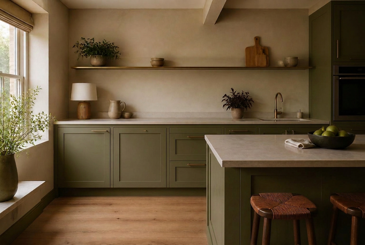 Kitchen cabinets resprayed in Olive