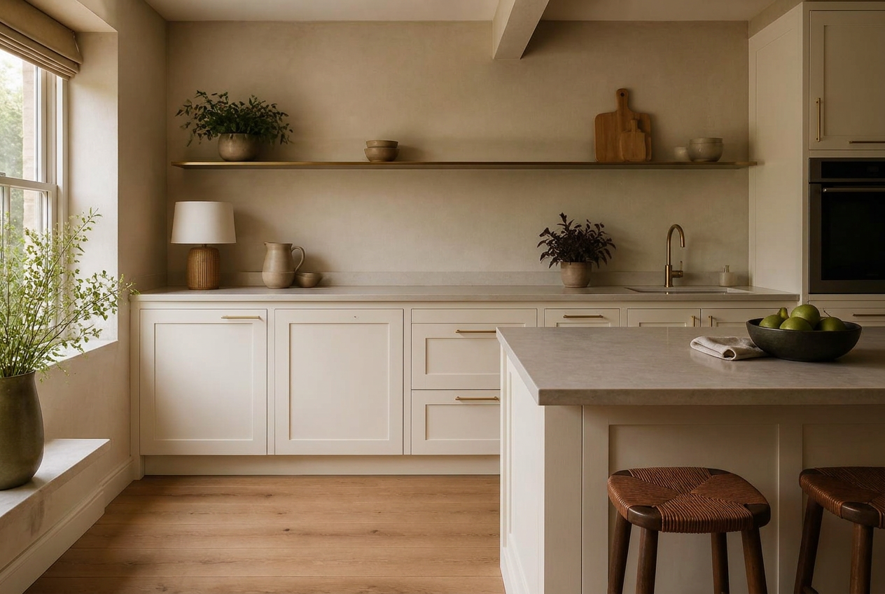 Kitchen cabinets resprayed in Soft Off White