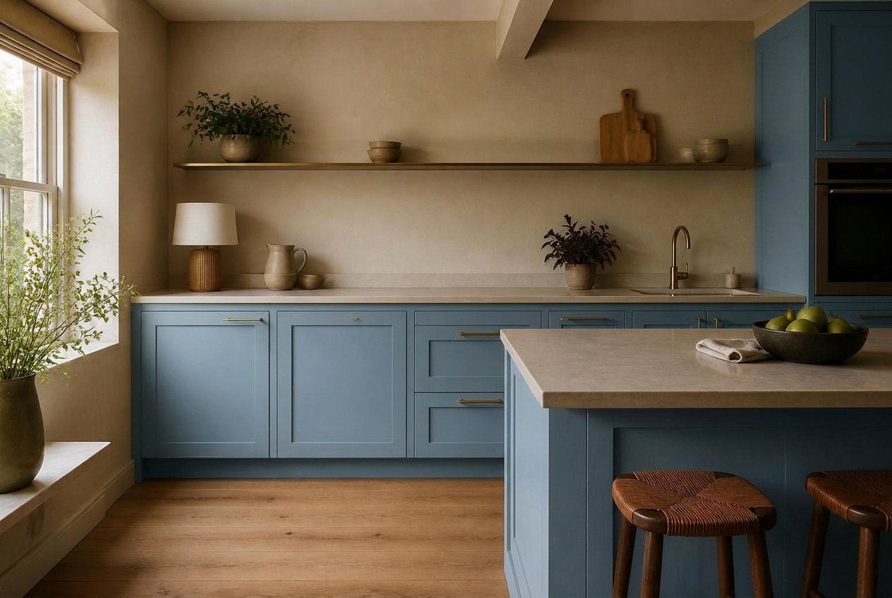 Kitchen cabinets resprayed in Dusty Blue