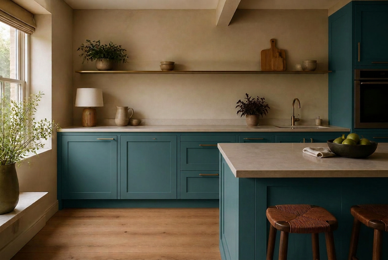 Kitchen cabinets resprayed in Deep Teal